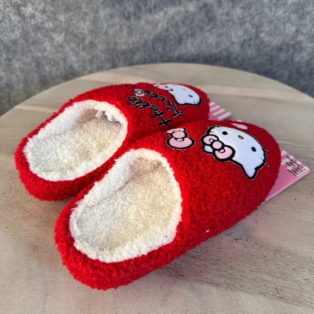 Hello Kitty Kids Red Sherpa Faux Fur Slippers Size 1-2 S/M Sanrio New